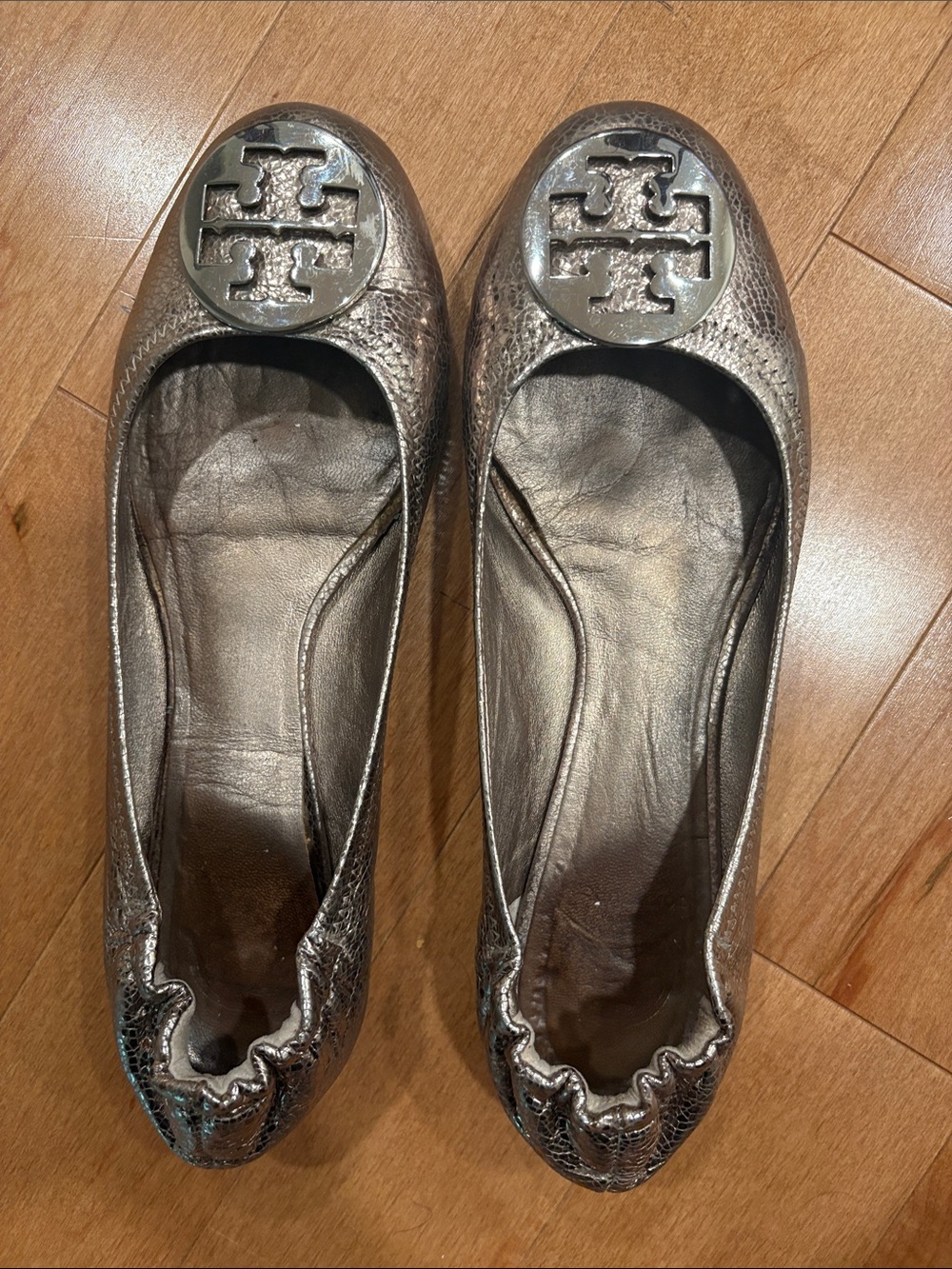 Tory Burch Metallic Pewter Logo Ballet Flats
